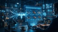 Illustration eines Mannes am Laptop, dessen Suchanfrage „bequeme Schuhe für lange Arbeitstage
