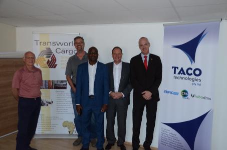 Introduction of lobodms at Transworld Cargo, from left to right: Norbert Liebich, Director of Transworld Cargo (Pty) Ltd., Burkhard Grimm, TWC project manager, Immanuel Johannes from local lobo partner TACO Technologies (Pty) Ltd., Harald Klingelhöller, Managing Director of lobodms, and Ulrich Kinne from the German embassy in Windhoek