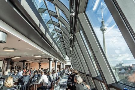 The venue of the macmon secure GmbH partner day, the Hotel Radisson Blu in Berlin, with a wonderful view of the TV tower