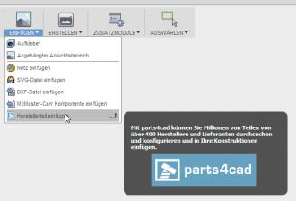 "Insert a manufacturer part" can be found in the tab "Insert". This leads the user directly to "parts4cad"