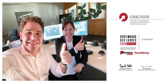 Stefan Sicken (Shareholder Managing Director) und Christina Arens (Marketing Manager) bei der Online-Verleihung zum Besten Systemhaus. | Urkunde Bestes Systemhaus