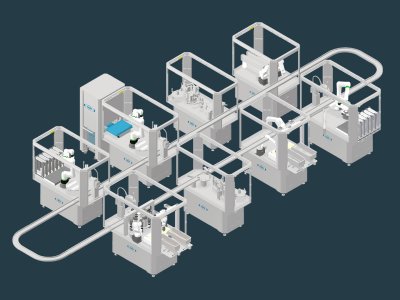 Beispiel-Ansicht einer ARW Microfactory bestehend aus 8 unterschiedlichen Produktionsmodulen.