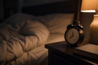 Nachttisch mit Wecker und Buch im gedimmten Licht eines Schlafzimmers. Ein Nachttisch mit einem analogen Wecker, einem Buch und einer gedimmten Leuchte in einem dunklen Schlafzimmer, im Hintergrund unscharf ein aufgeschlagenes Bett. Symbolbild zu Ein- und Durchschlafproblemen bei Erwachsenen in Deutschland.