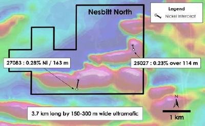 Figure 4 – Plan view of Nesbitt North Property – Historical drilling overlain on total field magnetic intensity, Nesbitt Township, Ontario