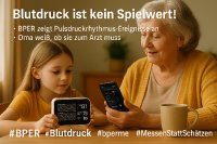 Das Motiv zeigt eine ältere Frau und ihre Enkelin, die gemeinsam die Blutdruckwerte auf einem BPER-Gerät und in der App bper.me betrachten. Die Botschaft: Blutdruck ist kein Spielwert. BPER visualisiert den Pulsdruckrhythmus und erkennt Ereignisse, die medizinisch relevant sind. So wird Gesundheit nachvollziehbar – Oma weiß, wann sie handeln muss. Das Bild verbindet Technologie, Vertrauen und generationsübergreifende Verständlichkeit.