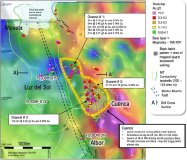 Figure 1 Plan view of the Meseta, Luz del Sol, Albor and Cuenca targets, showing the drill holes reported in this release and the new road-cut channel assays. Dashed yellow outline is the expanded Cuenca porphyry target (1.3 km × 0.5 km).