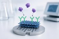 Schematische Darstellung eines MXen-basierten elektrochemischen Biosensors 
(Antikörper werden auf einem mehrlagigen MXen-Nanomaterial immobilisiert und binden spezifisch an Zielbiomarker. Die Biomarkerbindung verändert die elektrochemischen Eigenschaften der Sensorelektrode und ermöglicht einen empfindlichen, markerfreien Nachweis)