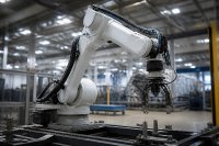 Roboterarm in einer Fertigungshalle vor unscharfem Hintergrund