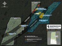 Abbildung 1: Lage der Konzessionsgebiete Rottenstone North und West von Inspiration im Verhältnis zum Konzessionsgebiet von Ramp Metals. Dargestellt sind auch die interpretierten Massivsulfid- und Goldtrends in diesem Gebiet