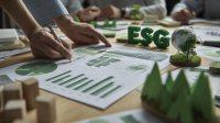 Bild zeigt zwei Personen an einem Schreibtisch sitzend und über ESG Maßnahmen diskutierend.