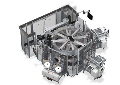 This flexible machine labels both plastic and glass containers and cans in all of the standard sizes.