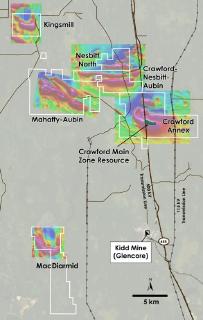 Abbildung 1 - Draufsicht auf die Grundstücke Crawford, Kingsmill, Nesbitt-Aubin, Nesbit North, MacDiarmid