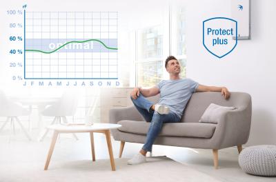 Messungen zeigen, dass sich die Luftfeuchtigkeit dank des intelligenten Feuchtemanagements des Lüftungsgeräts freeAir 100 im gesundheitlich optimalen Bereich zwischen 40-60 Prozent bewegt. Innovative Zwei-Stufen-Filter schützen vor Feinstaub, Pollen und Insekten / Bildquelle: bluMartin GmbH