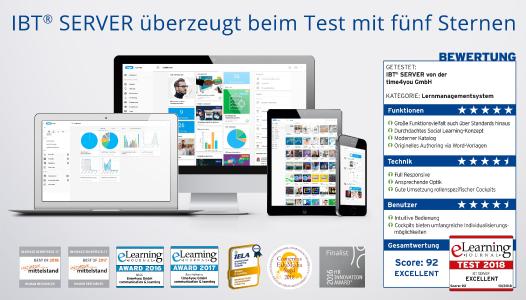 time4you konnte mit dem IBT® SERVER in der Rubrik Lernmanagementsysteme 5 Sterne holen. Dabei überzeugten beim Test die rollenspezifischen Cockpits mit ihrer modernen Optik und den Individualisierungsoptionen, Quelle time4you