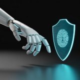 Eine Roboterhand, Symbol für Technologie, greift nach einem digitalen Schutzschild. Dies visualisiert das Kernprinzip der sicheren KI nele.ai: die Verbindung von innovativer Leistung mit garantierter Datenkontrolle und maximaler Sicherheit für Ihr Unternehmen.