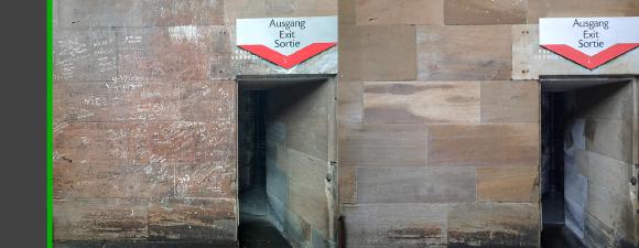 Vorher-Nachher Vergleich der gereinigten Dommauern.