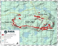 Abbildung 1: Das Konzessionsgebiet Radar mit der in Rot dargestellten Ausdehnung der Anomalie des vertikalen Dias-QMAGT-Gradienten (Bzz) (nur Pixel mit hoher Amplitude). Der mittels QMAGT abgebildete zentrale Oxid-Schichtungskorridor, der über 29 km² validiert wurde und die Zone Trapper, die Zone Hawkeye sowie die neue Zone Falcon umfasst.