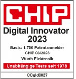 Ausgezeichnet innovativ: Die Würth Elektronik Gruppe wurde von der Redaktion der unabhängigen Fachzeitschrift Chip zum Digital Innovator 2023 gekürt. Bildquelle: Chip