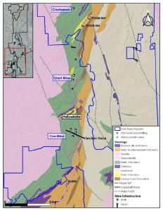 Figure 1: Part of the YCGP showing (1) the trace of the Campbell Shear zone, (2) the location of the winter 2020 two holes that targeted the Campbell Shear stratigraphy on the Northbelt, and (3) location of KA-6 on the Southbelt property
