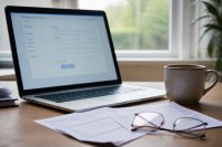 Ein Schreibtisch am Fenster mit einem aufgeklappten Notebook, auf dessen Bildschirm unscharf ein Online-Überweisungsformular mit Eingabefeldern zu erkennen ist, daneben eine Lesebrille, ein gefalteter Kontoauszug und eine Kaffeetasse. Symbolbild zur Empfängerüberprüfung bei Überweisungen.
