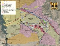 Abbildung 1. Vereinfachte geologische Karte des Projekts Gold Chain und der Umgebung mit Kennzeichnung der Lage des Prospektionsgebiets Black Dyke.