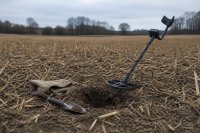 Ein Metalldetektor lehnt an einer kleinen Grabungsstelle auf einem abgeernteten Feld, daneben liegen eine Handschaufel und ein Fundbeutel. Symbolbild zur genehmigungspflichtigen Suche nach Bodendenkmälern.