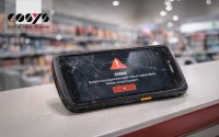 Defektes Zebra TC22 im Retail-Einsatz – beschädigtes Display und Systemfehler führen zu Ausfallzeiten im Tagesgeschäft.