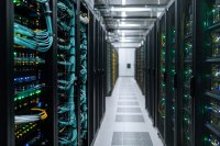 Ein Gang zwischen zwei Reihen von Serverracks in einem Rechenzentrum, blinkende Statusleuchten und gebündelte Glasfaserkabel, kühles Licht, keine Personen. Symbolbild zur Registrierungsinfrastruktur der .de-Domains.
