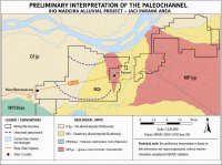 Abbildung 1: Vorläufige Interpretation des Paläo-Kanal-Zielgebiets Jaci Paraná auf dem Projekt Madeira River. Das interpretierte Paläo-Kanal-Ziel ist weiterhin höffig und erfordert eine Validierung mittels systematischer Bohrungen, kontrollierter Probenahmen, volumetrischer Analysen und QA/QC.