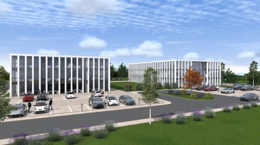 Design of the company headquarters of GBTEC with the new building (right)