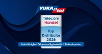 Yukatel erhält die Auszeichnung „Top Distributor 2025“ von Telecom Handel für Lieferfähigkeit und Einkaufspreise – offizielles Award-Motiv.