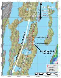 Figure 1: Location of planned summer 2019 Sam Otto South drilling program, showing 3.0 kilometer mineralized structure extending south from Sam Otto Main Zone (1st Vertical Derivative of ground magnetic survey is used to identify structures)