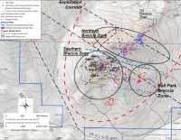 Abbildung 1: Majuba Hill mit den Brekzienzonen Southern, Northern und Ball Park, Turmalin-Brekzienschlote und Verwerfungen
