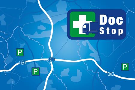 Die TimoCom Trackinganwendung zeigt in der ersten verfügbaren POI-Rubrik die DocStop-Anlaufstellen