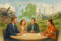 Das Motiv zeigt Expertinnen und Experten im Austausch über die Zukunft der europäischen Rohstoffversorgung. In einer realistischen Landschaftsszene verbinden sich Symbole moderner Rohstoffgewinnung, Recycling und erneuerbarer Energien – vom Tagebau bis zu Windkraftanlagen. Die Darstellung verdeutlicht den europäischen Ansatz, Rohstoffe verantwortungsvoll zu fördern und Nachhaltigkeit, Innovation sowie Dialog zwischen Industrie, Politik und Gesellschaft zu stärken. Das Motiv zeigt Expertinnen und Experten im Austausch über die Zukunft der europäischen Rohstoffversorgung. In einer realistischen Landschaftsszene verbinden sich Symbole moderner Rohstoffgewinnung, Recycling und erneuerbarer Energien – vom Tagebau bis zu Windkraftanlagen. Die Darstellung verdeutlicht den europäischen Ansatz, Rohstoffe verantwortungsvoll zu fördern und Nachhaltigkeit, Innovation sowie Dialog zwischen Industrie, Politik und Gesellschaft zu stärken.