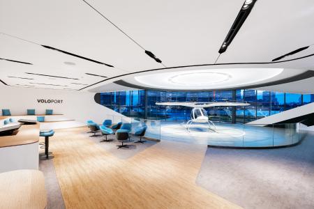 Der weltweit erste Vertiport-Prototyp, VoloPort, designed von Brandlab für Volocopter und Skyports, wurde mit mehreren Auszeichnungen prämiert: German Innovation Award, iFDesign Award, Automotive Brand Contest Award