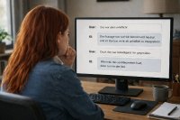 Eine Frau betrachtet sorgfältig den Bildschirm, während sie eine Diskussion mit einer KI über Höflichkeit und Interpretation von Aussagen führt. Die Ki verschiebt hier Verantwortungen.