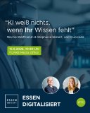 Veranstaltungsgrafik zu ESSEN DIGITALISIERT 2026: Eine Person mit VR-Brille steht vor digitalen Datenanzeigen. Darüber stehen der Vortragstitel „KI weiß nichts, wenn Ihr Wissen fehlt“, die Namen Mischa Wolfframm und Stephanie Ebbert sowie Termin und Veranstaltungsort. Im unteren Bereich sind Porträtfotos und die Logos abgebildet.