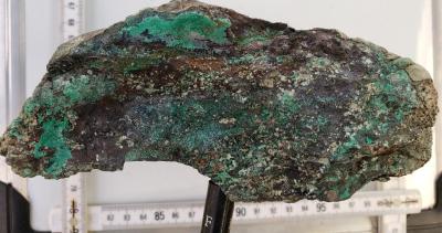 Abbildung 2. Foto eines Stücks der Probe Y991879 mit grünem Kupfermineral (Malachit) und schwarzem Mineral (Chalkokit). Die Probe enthält 7,2% Kupfer und 76g/t Silber. Die Skala ist in Zentimetern angegeben